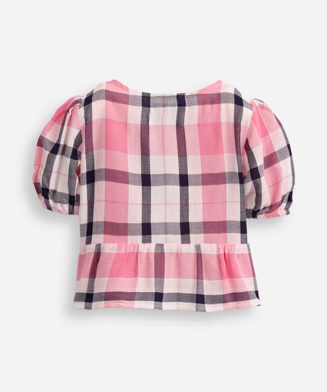 bata de viscose infantil manga bufante com laço xadrez rosa