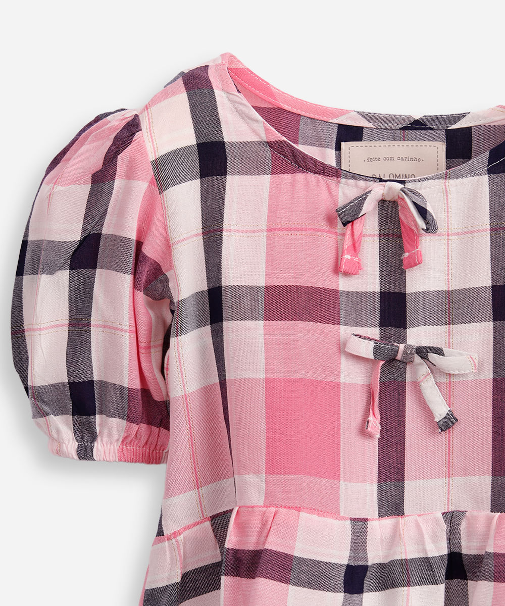 bata de viscose infantil manga bufante com laço xadrez rosa