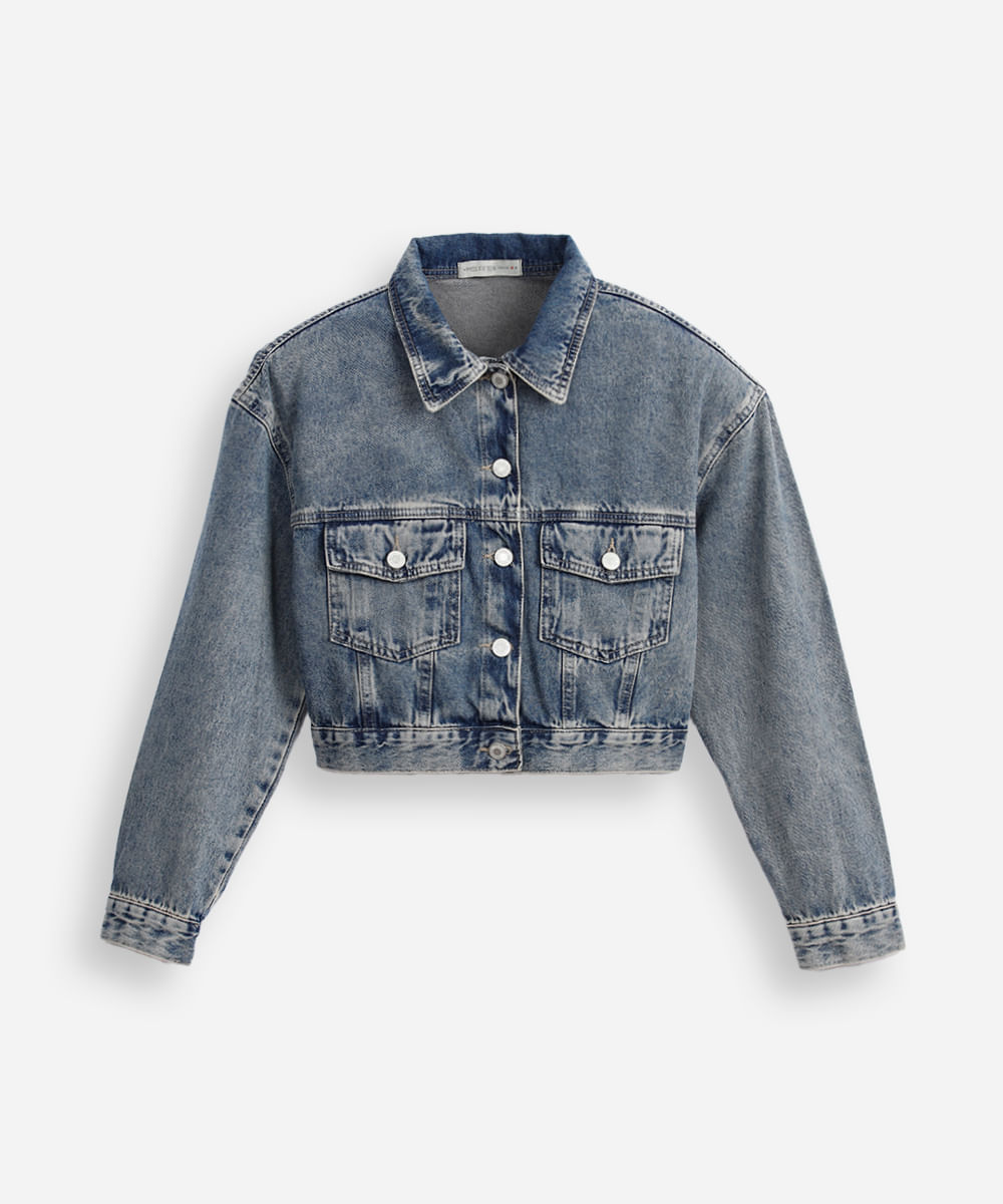 jaqueta jeans juvenil cropped  azul