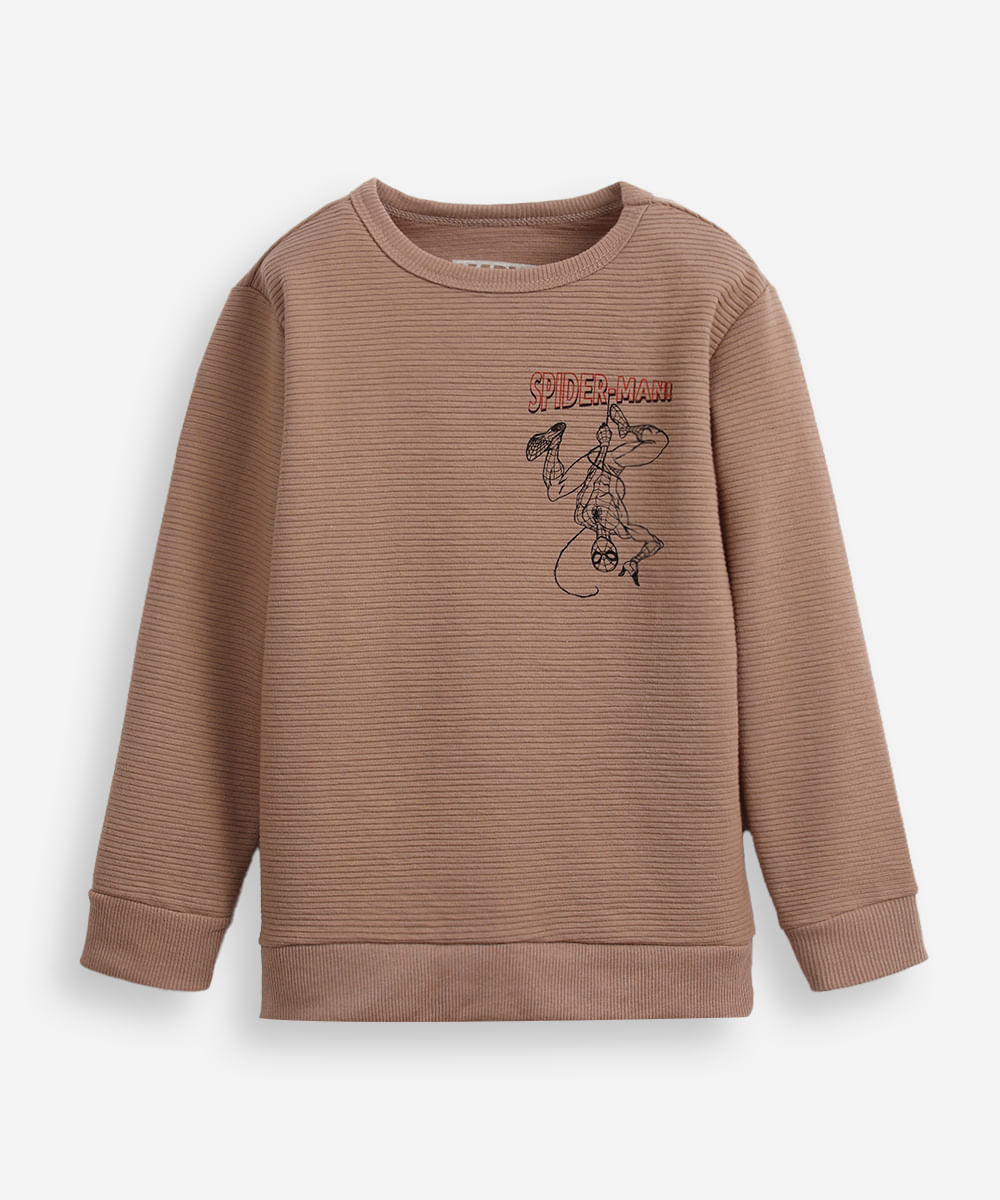 blusa infantil manga longa homem aranha texturizada bege
