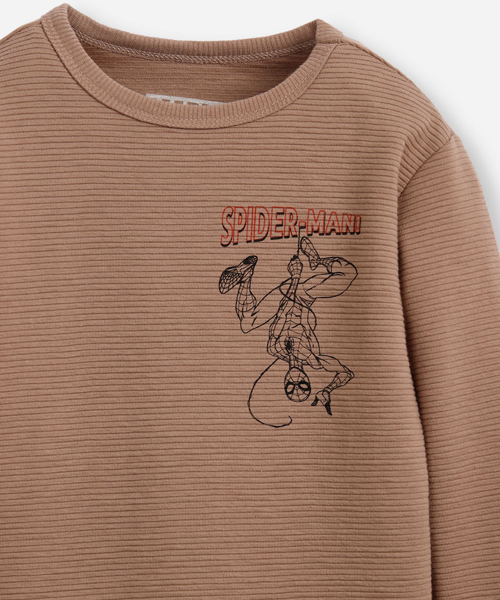 blusa infantil manga longa homem aranha texturizada bege