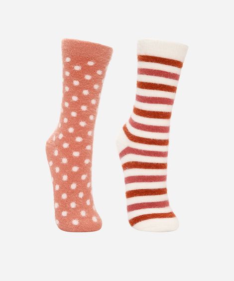kit de 2 meias femininas cano alto tricot estampada colorida