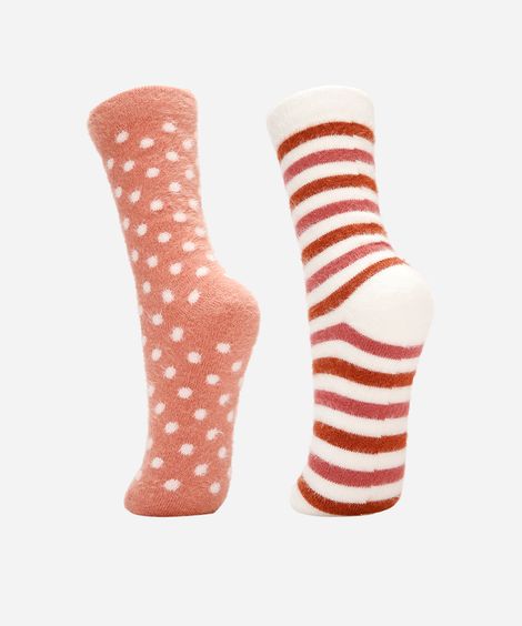 kit de 2 meias femininas cano alto tricot estampada colorida
