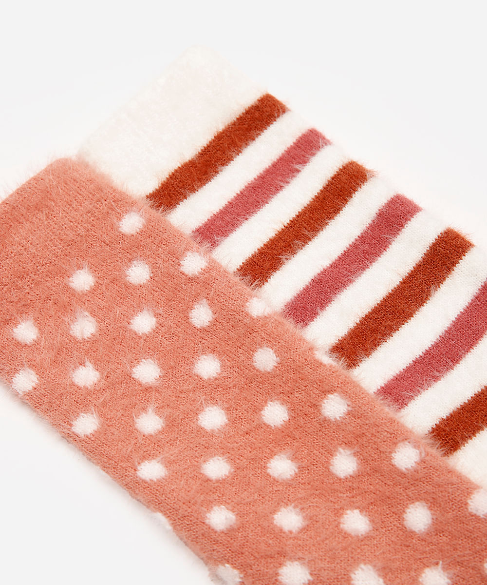 kit de 2 meias femininas cano alto tricot estampada colorida