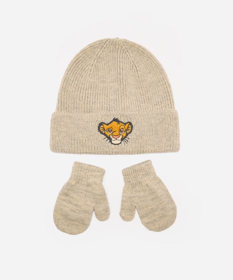 kit infantil gorro e luva simba bege