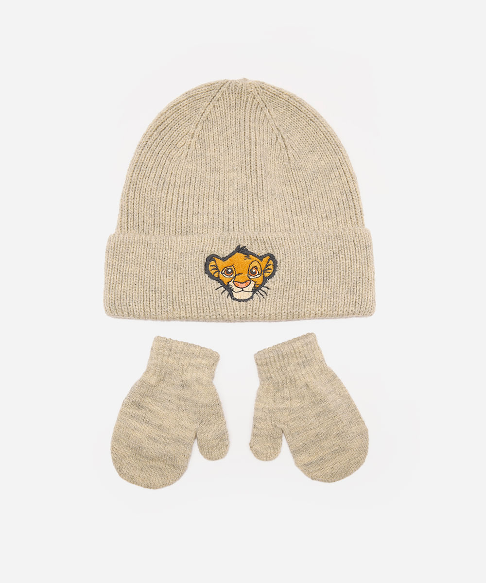 kit infantil gorro e luva simba bege
