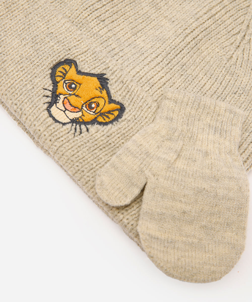 kit infantil gorro e luva simba bege