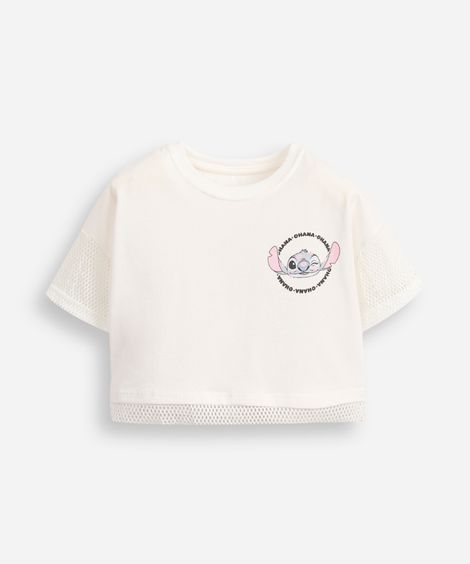 camiseta de algodão infantil com telinha stitch - off white