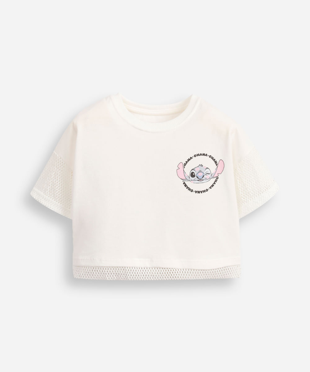 camiseta de algodão infantil com telinha stitch - off white