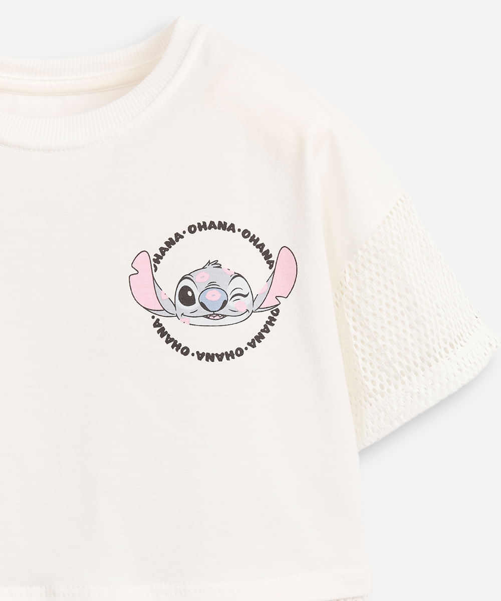 camiseta de algodão infantil com telinha stitch - off white