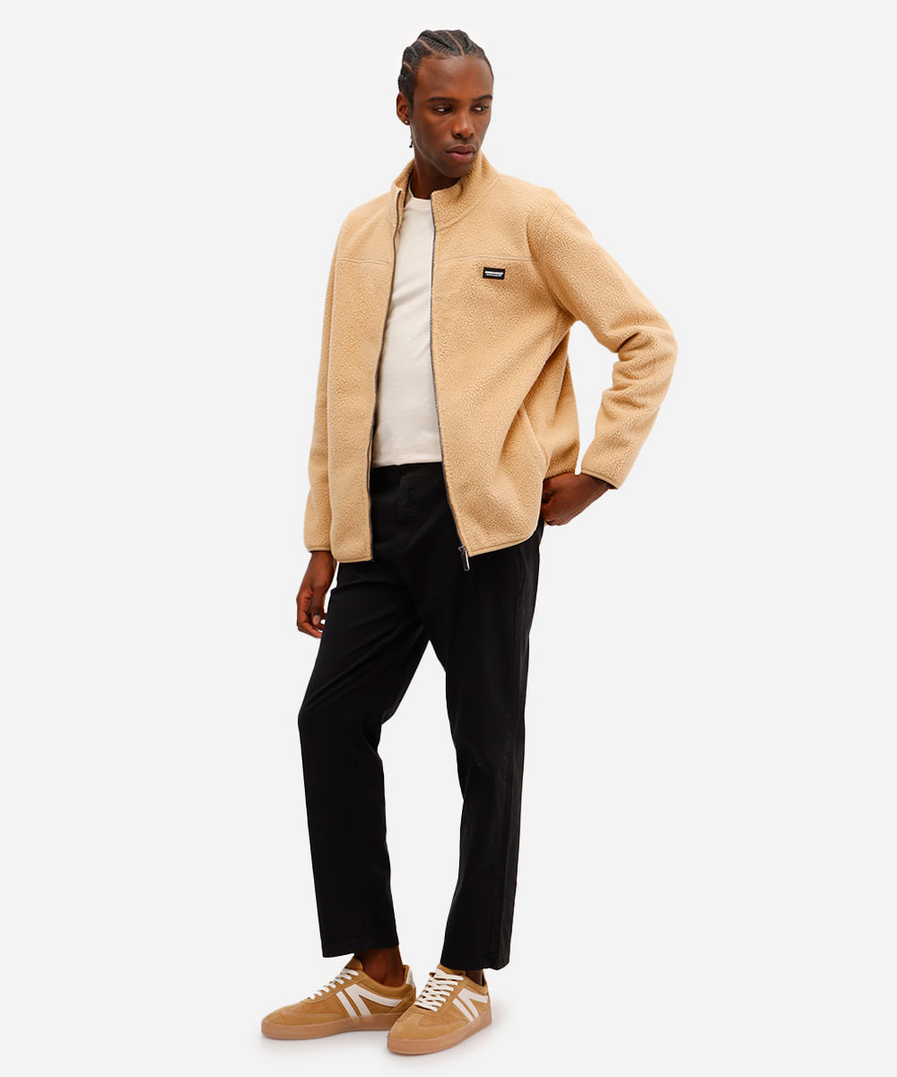 jaqueta masculina fleece com zíper bege