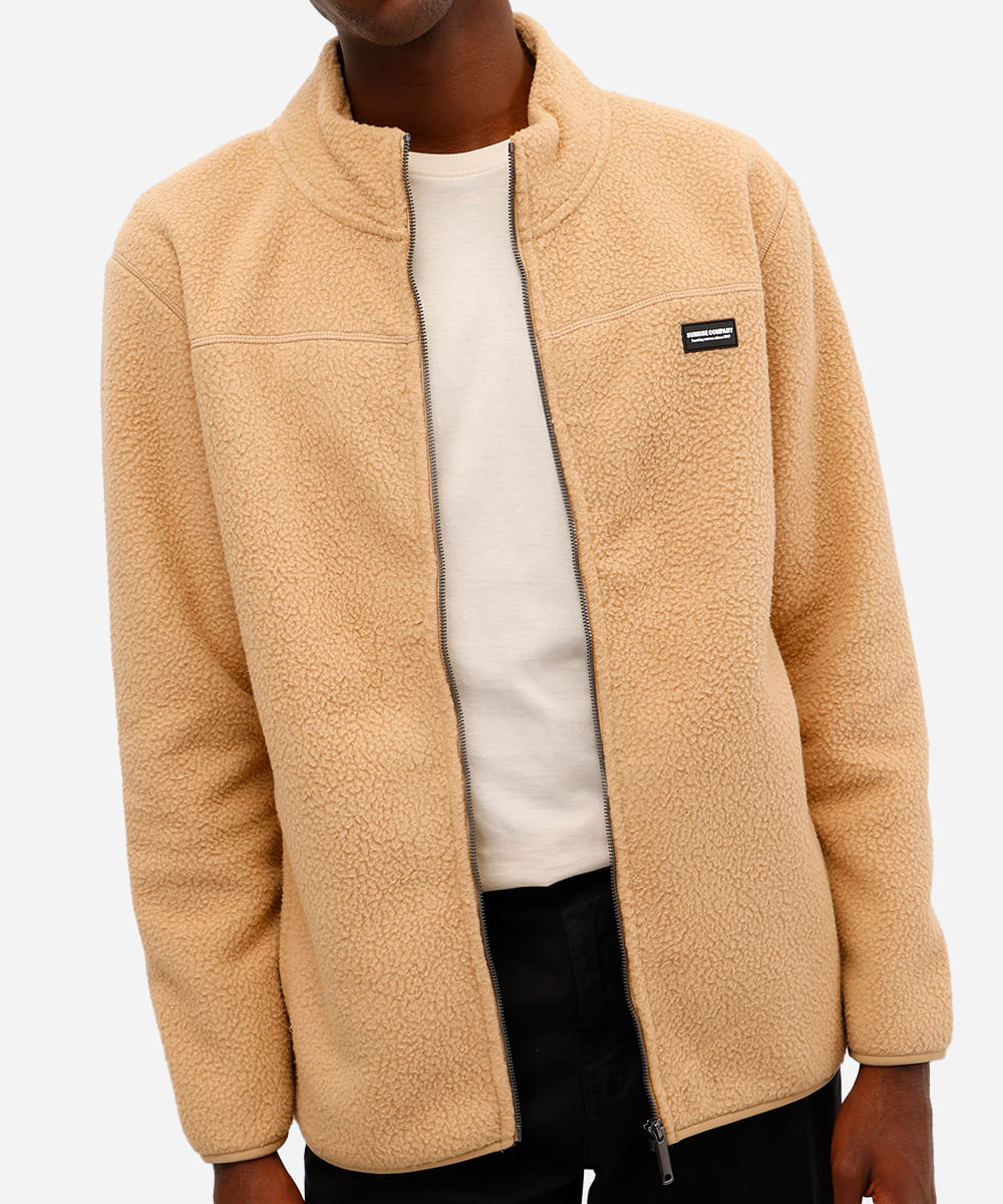 jaqueta masculina fleece com zíper bege