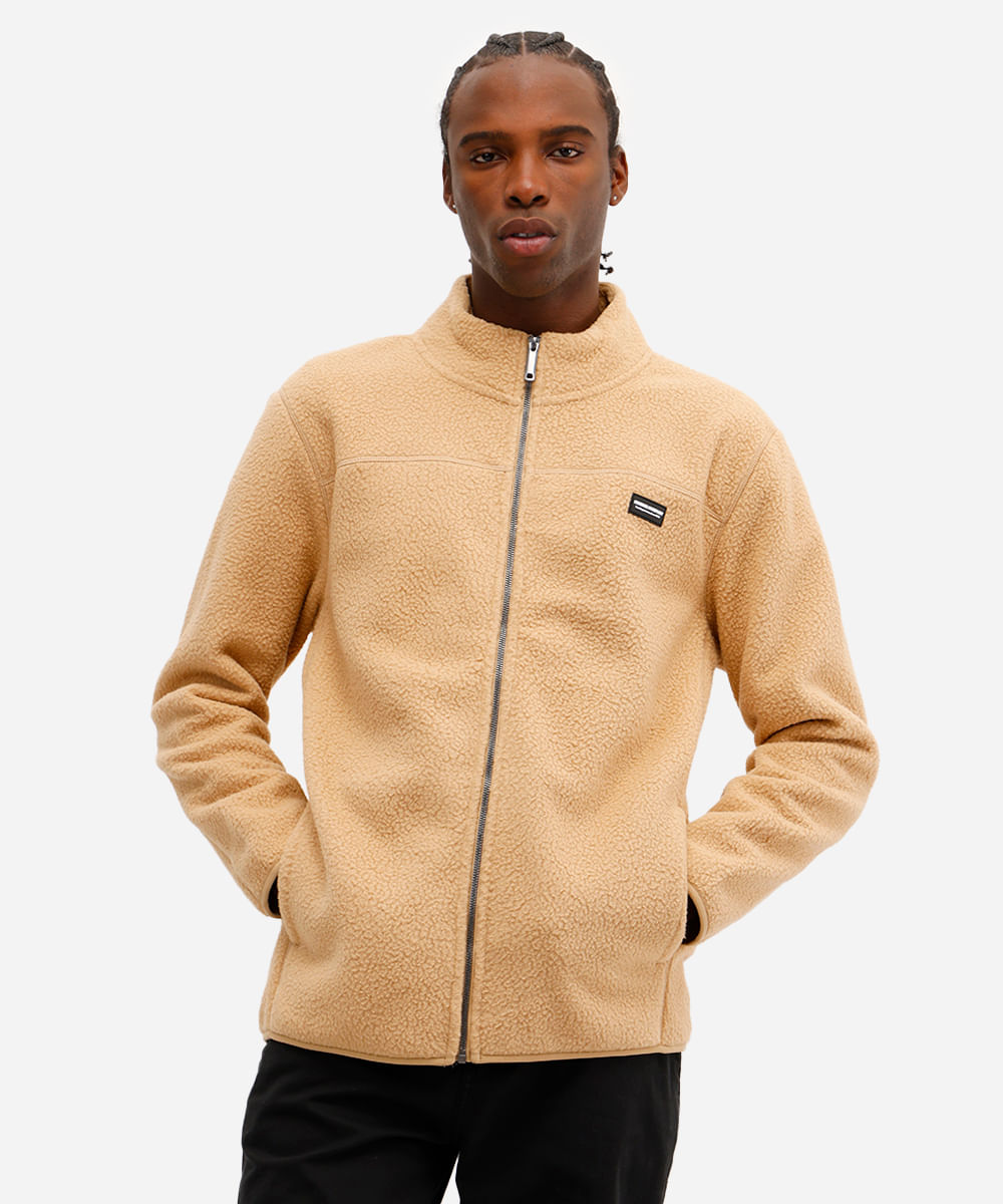 jaqueta masculina fleece com zíper bege