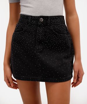 saia curta feminina jeans com brilhos preta