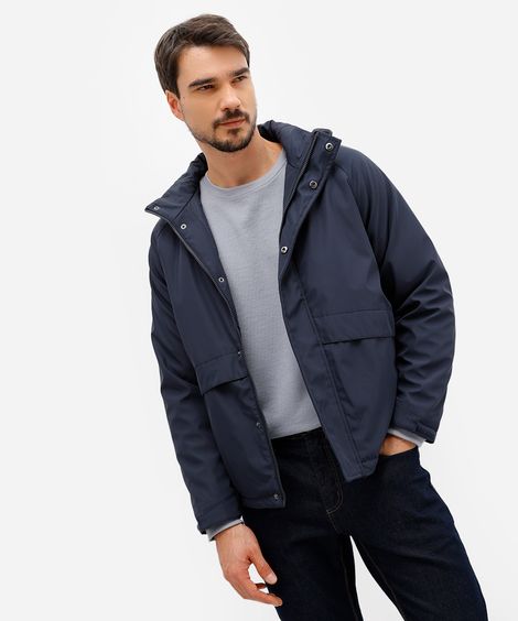 jaqueta puffer masculina com capuz e bolso azul