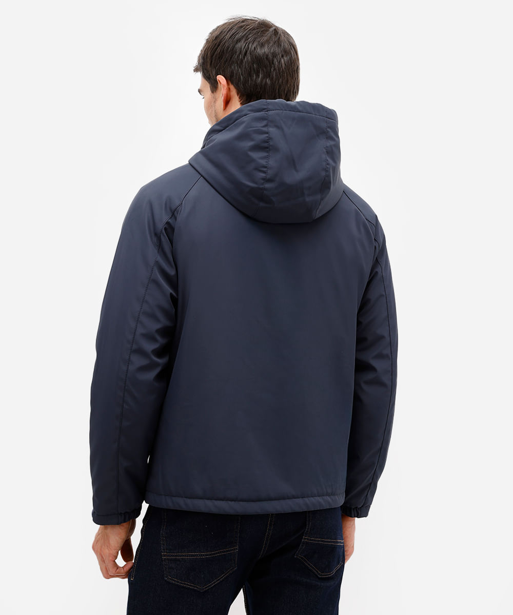jaqueta puffer masculina com capuz e bolso azul