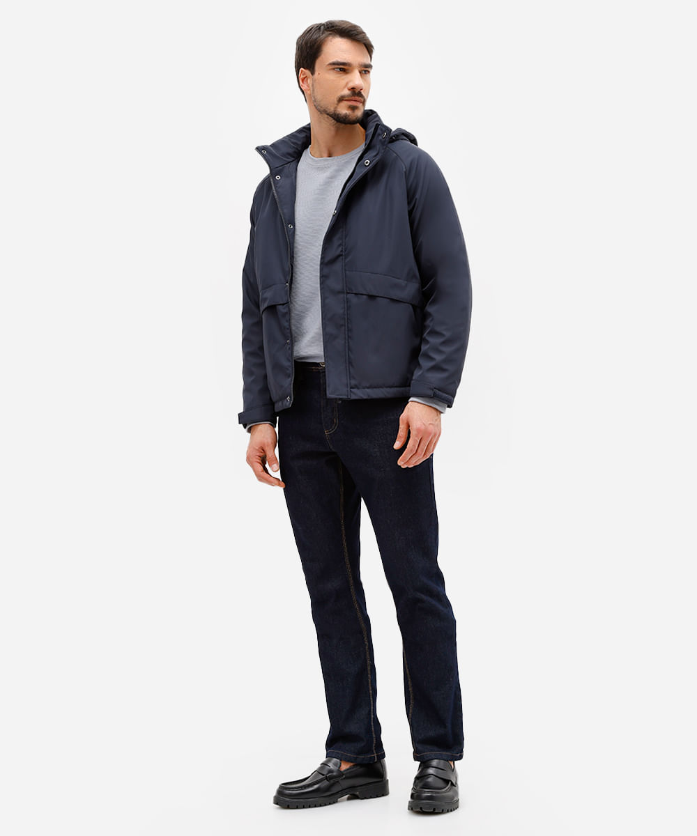 jaqueta puffer masculina com capuz e bolso azul