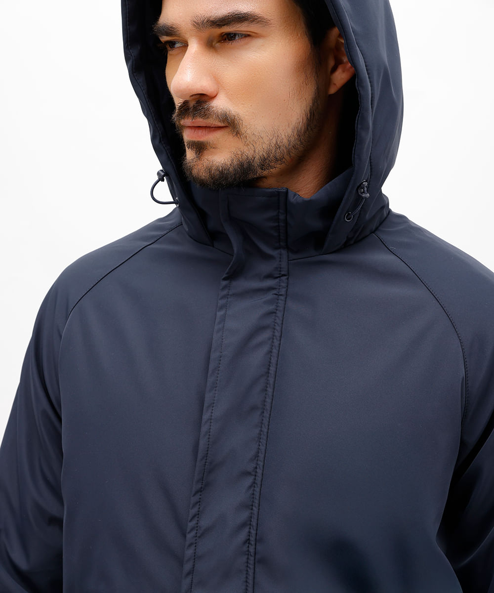 jaqueta puffer masculina com capuz e bolso azul