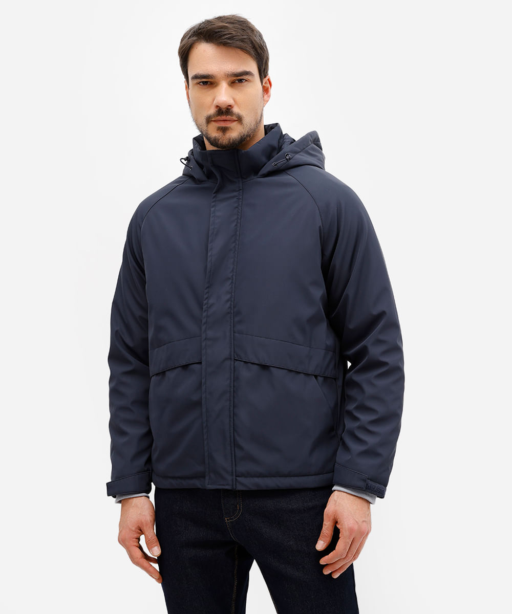 jaqueta puffer masculina com capuz e bolso azul