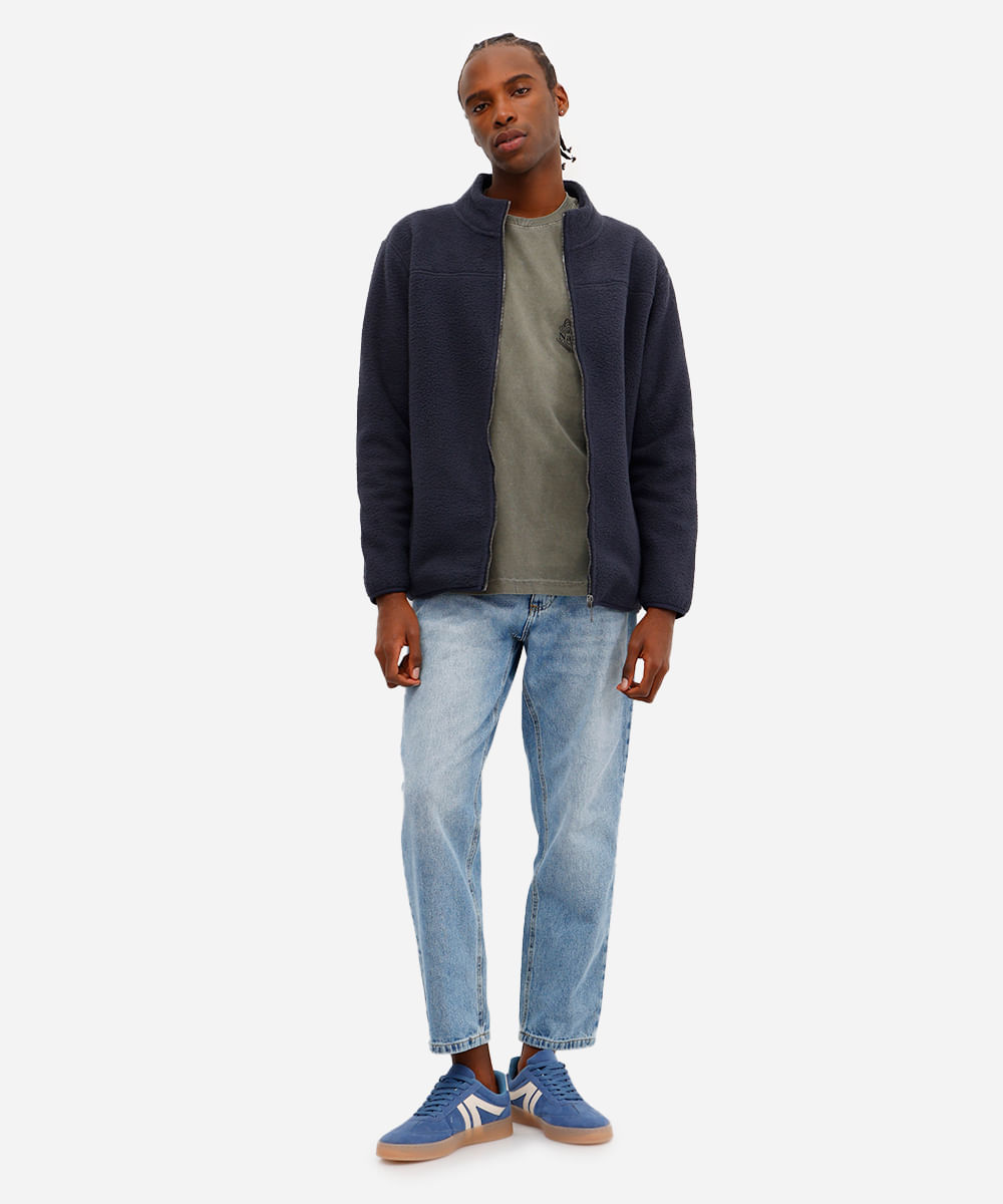 jaqueta masculina fleece com zíper azul