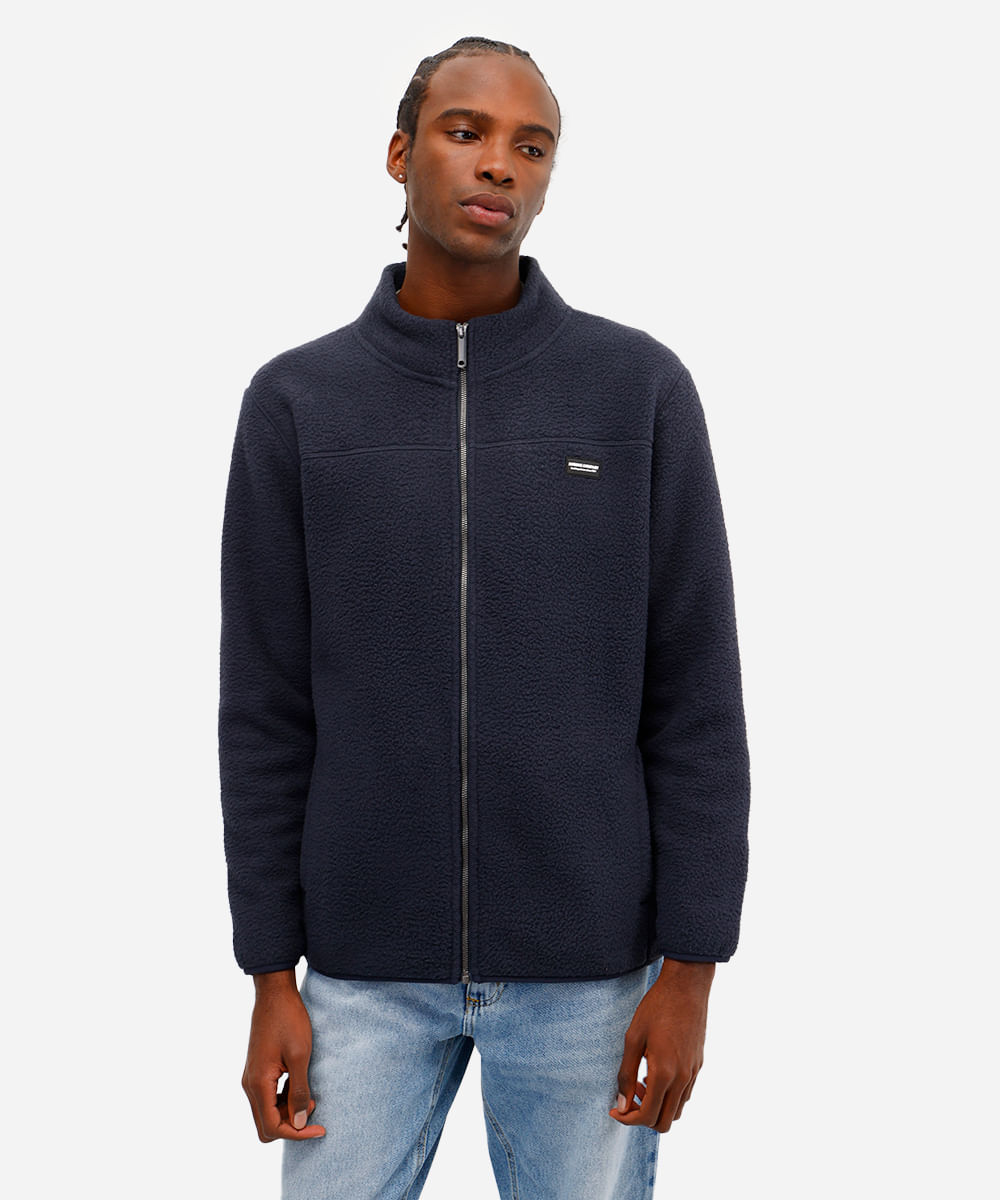 jaqueta masculina fleece com zíper azul