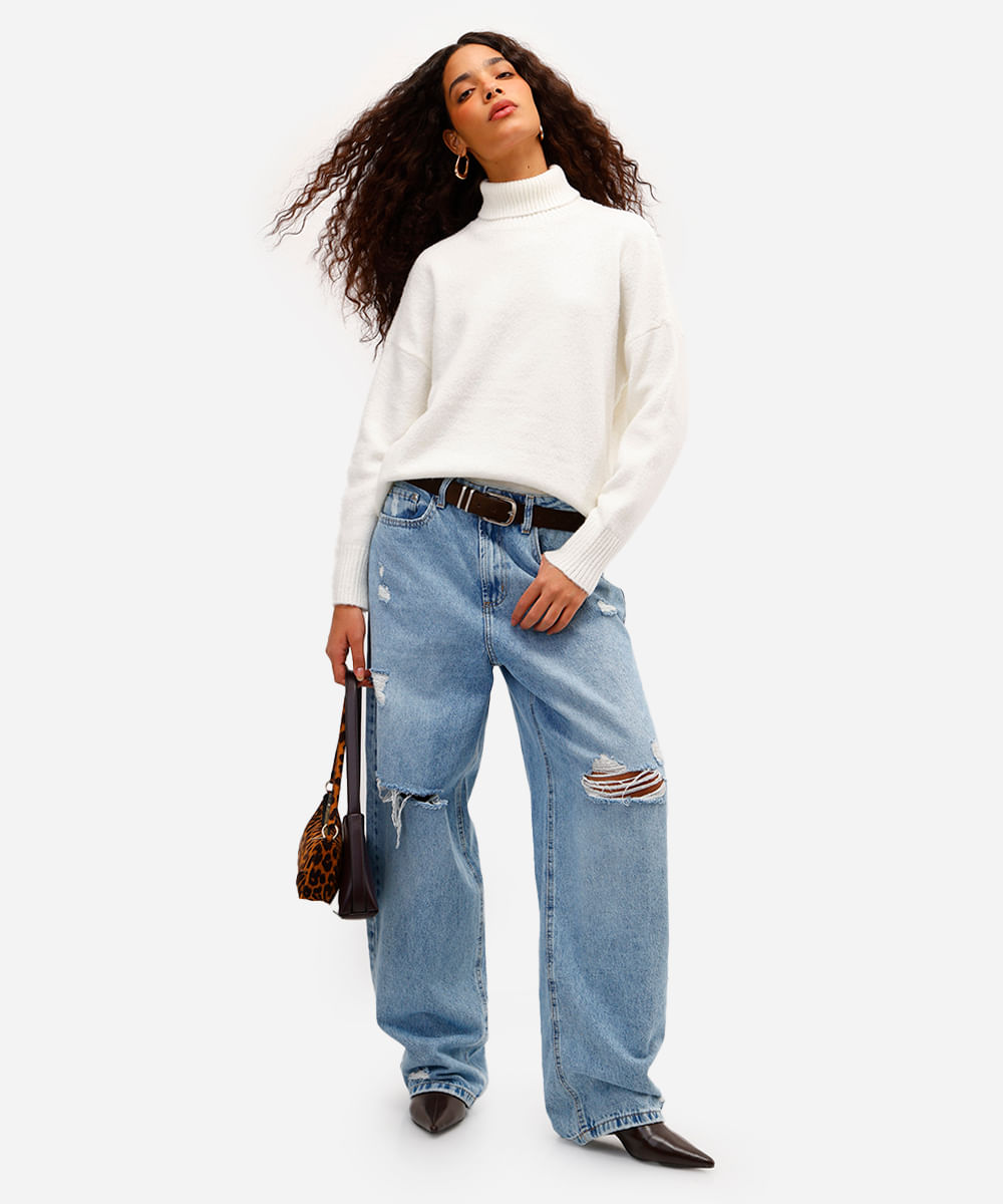 suéter básico feminino de tricot gola alta off white