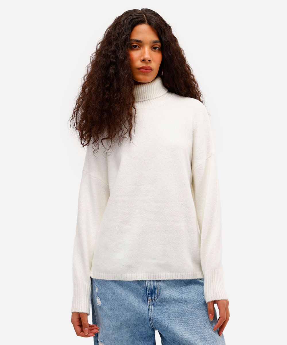 suéter básico feminino de tricot gola alta off white