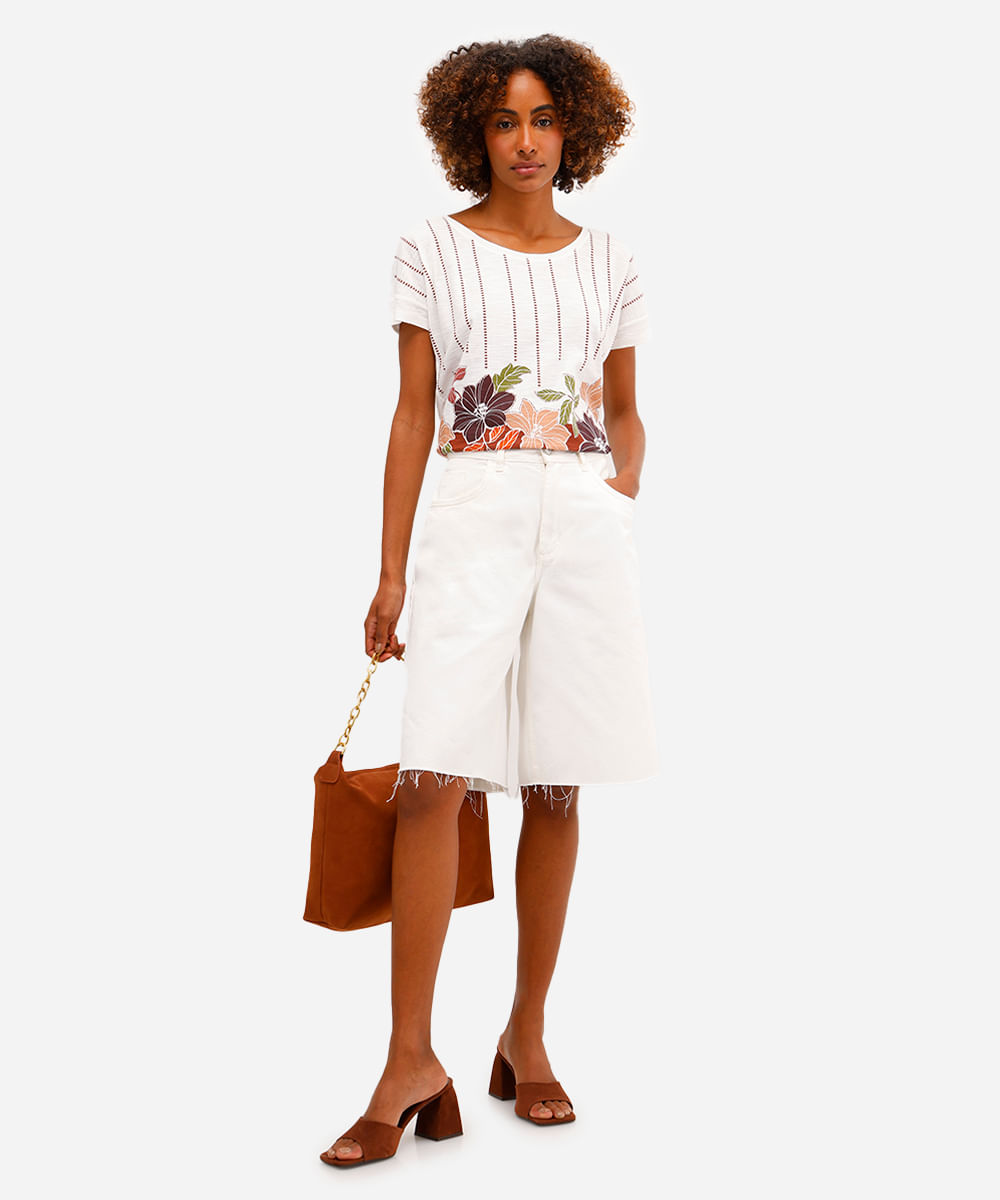 blusa feminina de algodão manga curta floral laranja