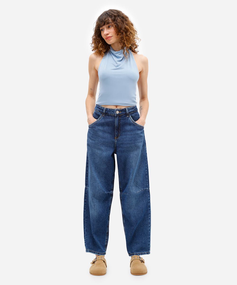 calça baggy feminina jeans cintura alta azul