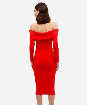 vestido ombro a ombro feminino de tricot canelado vermelho