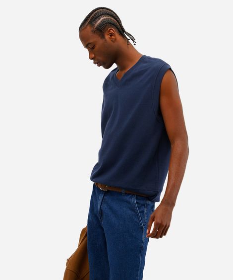 colete masculino de moletom sem felpa gola v azul