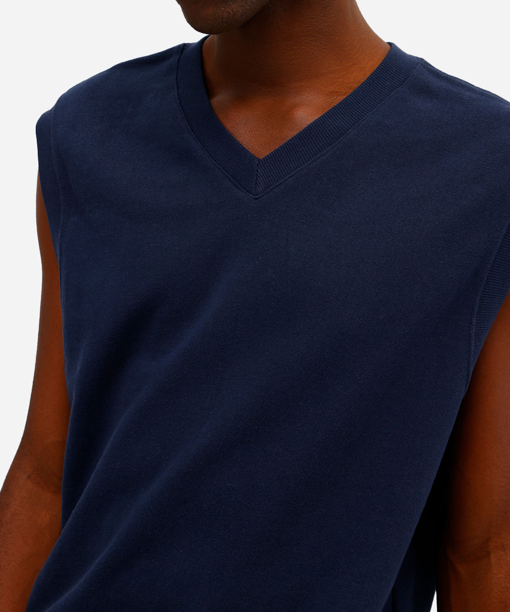 colete masculino de moletom sem felpa gola v azul