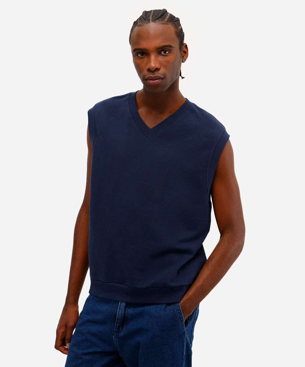 colete masculino de moletom sem felpa gola v azul