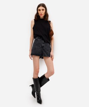 short feminino jeans cintura alta preto