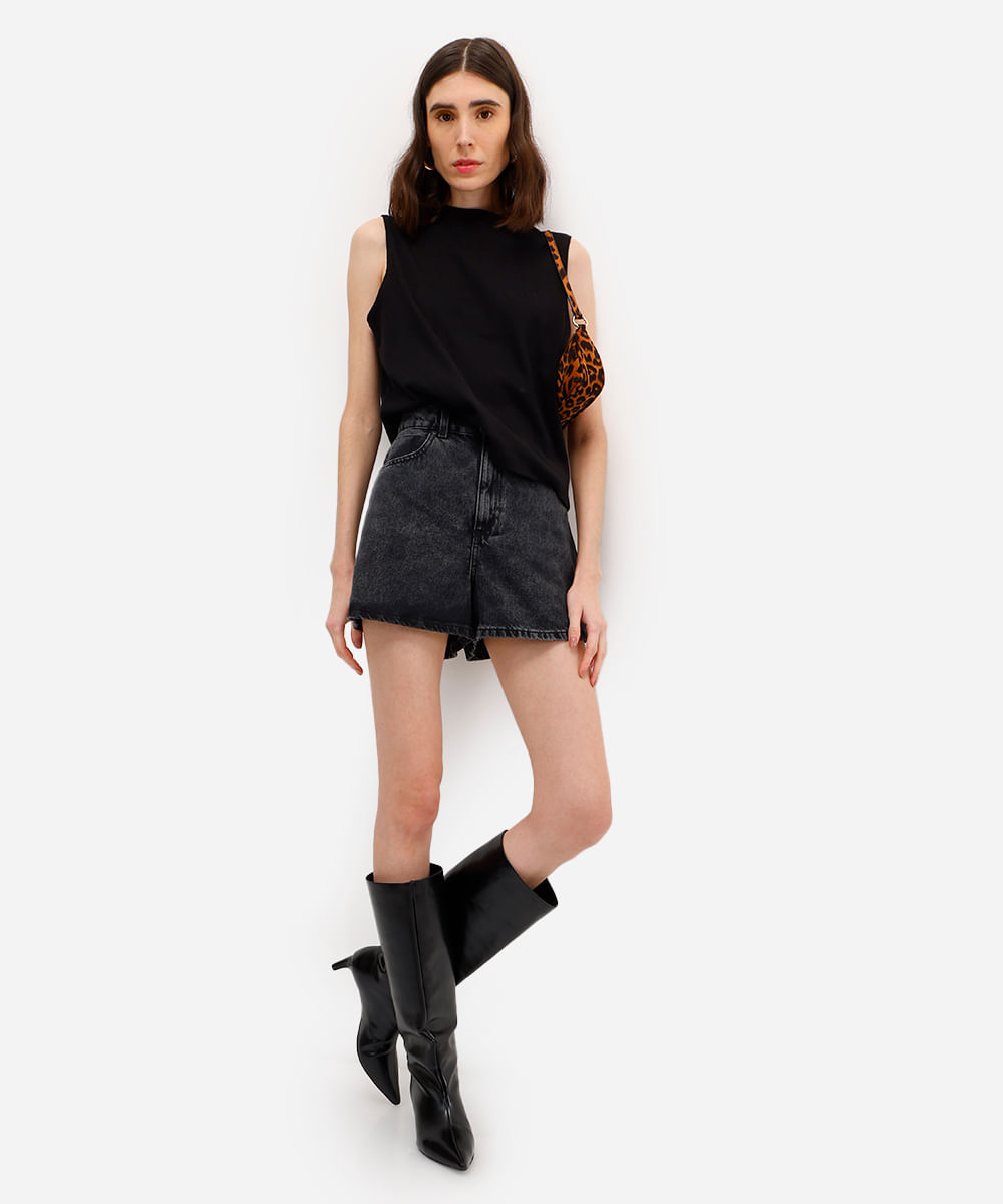 short feminino jeans cintura alta preto