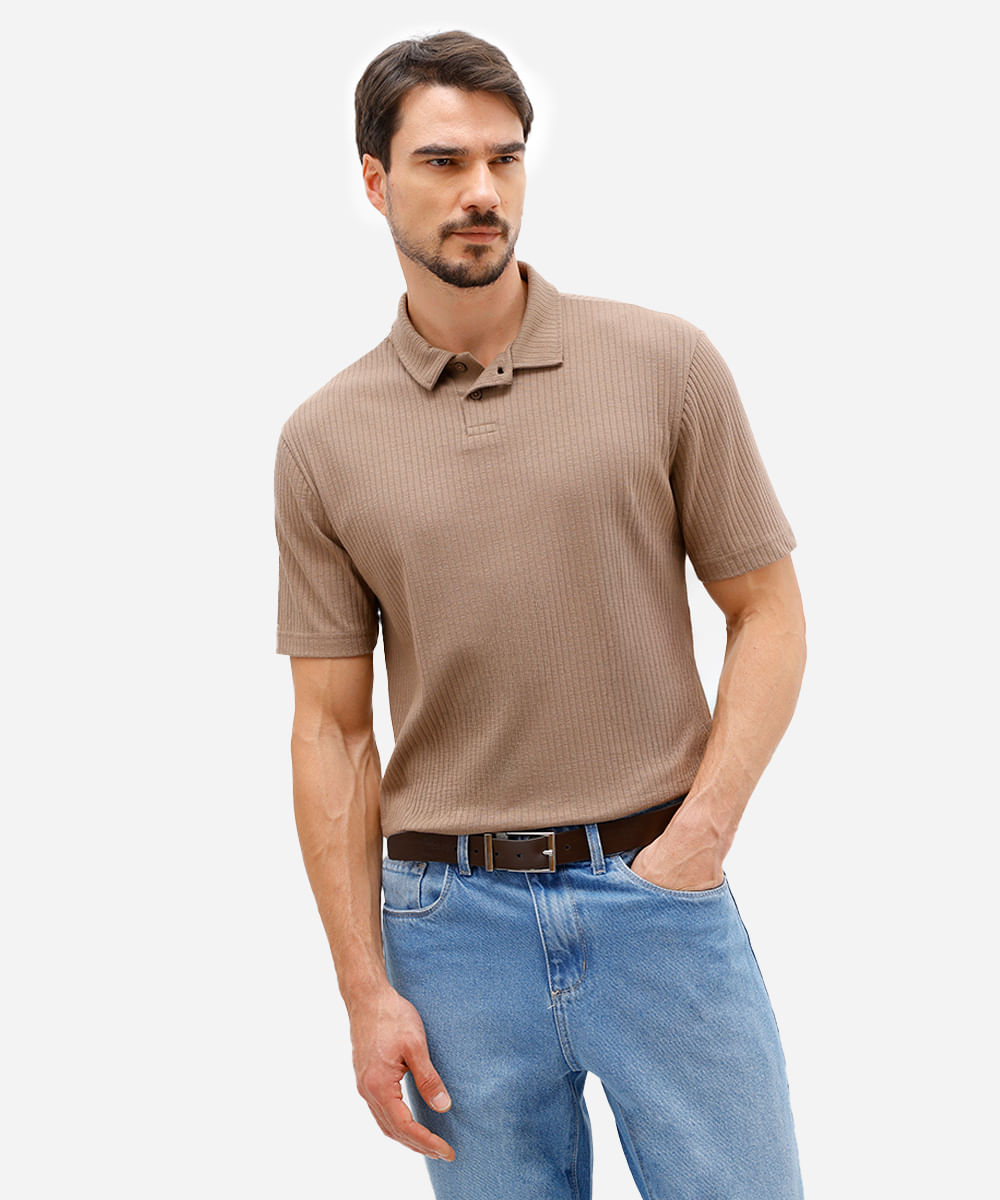 polo masculina manga curta canelada marrom