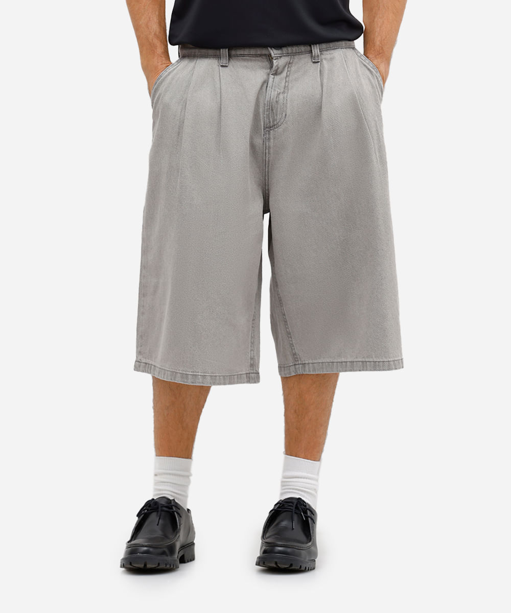 bermuda baggy masculina jeans com pregas cinza