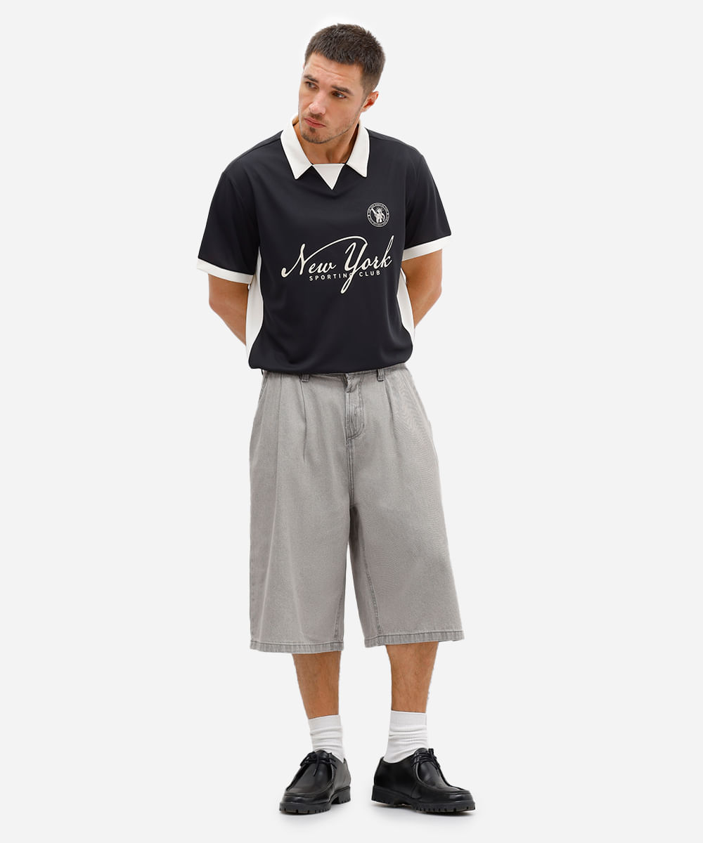 bermuda baggy masculina jeans com pregas cinza
