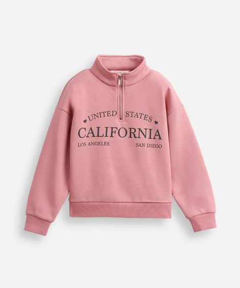 blusão de moletom infantil gola alta com zíper rosa