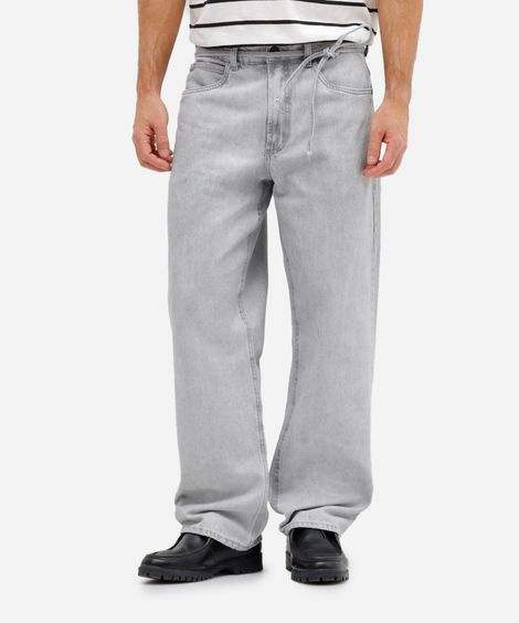 calça baggy masculina jeans com cinto cinza