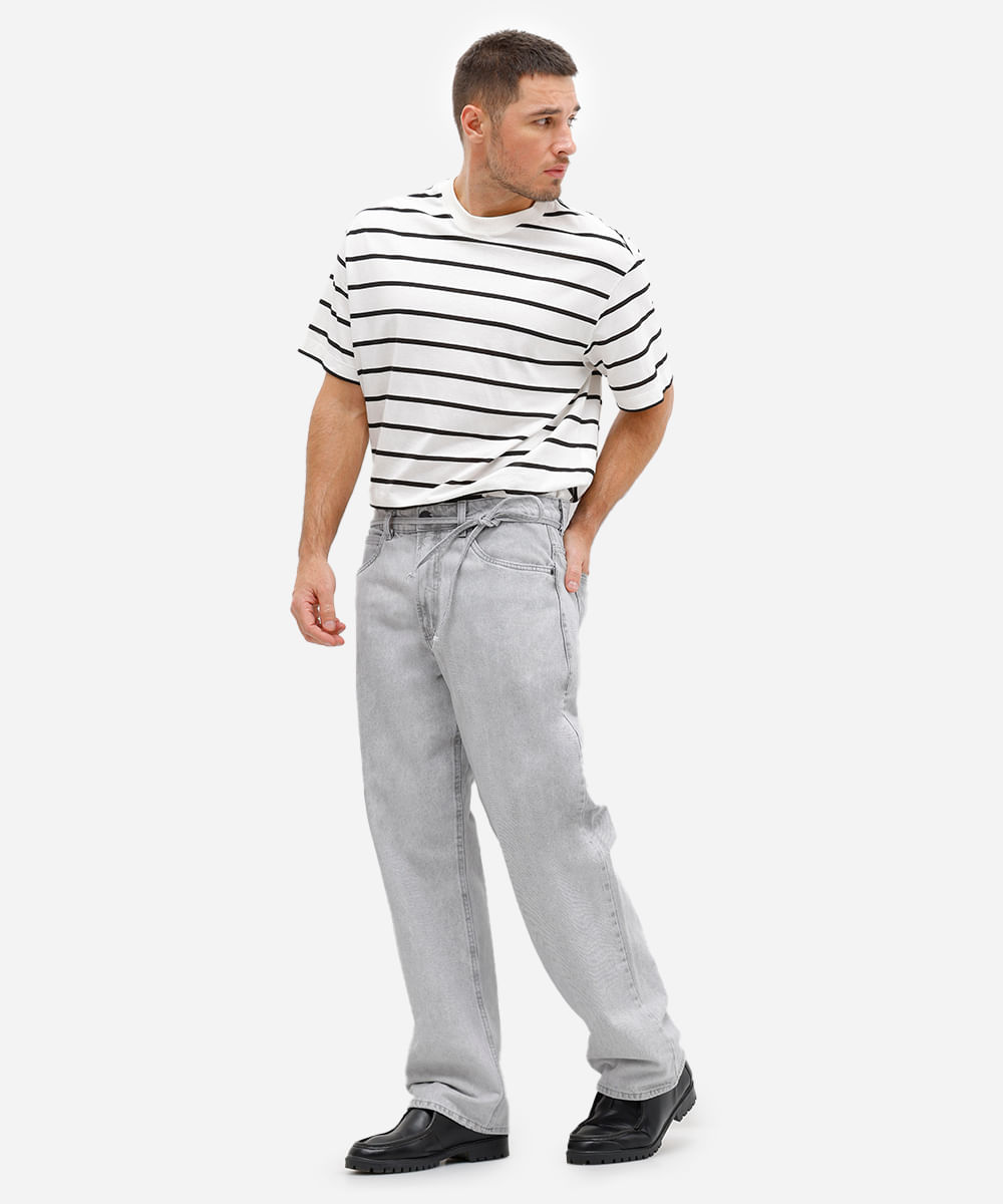 calça baggy masculina jeans com cinto cinza