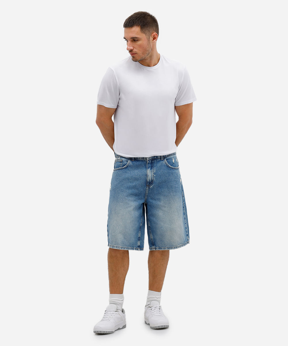 bermuda baggy masculina jeans destroyed azul
