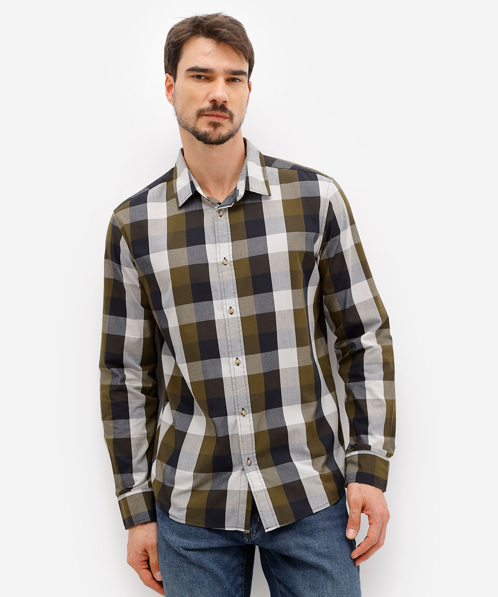 camisa comfort masculina de algodão xadrez verde