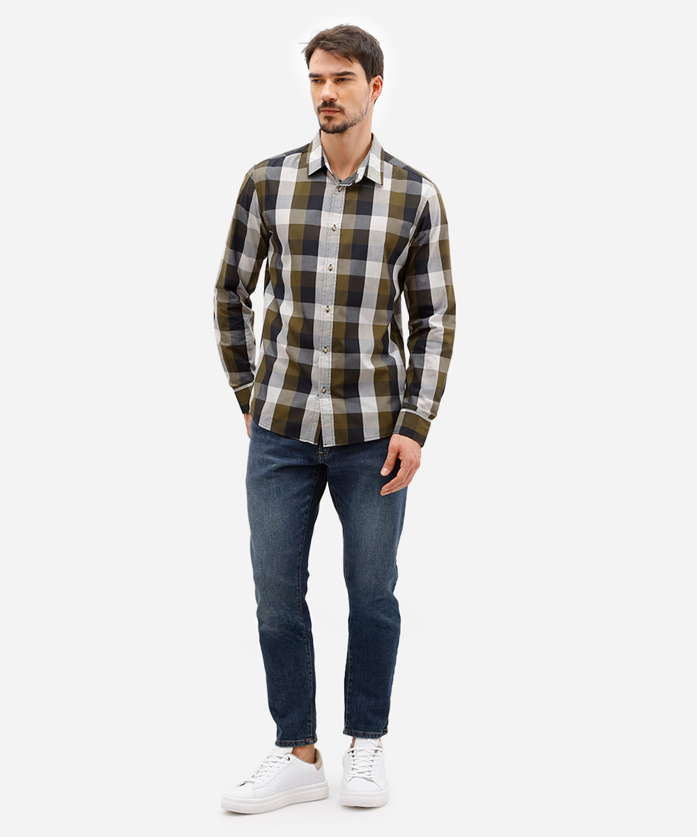 camisa comfort masculina de algodão xadrez verde