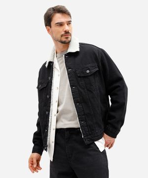jaqueta masculina jeans gola de sherpa preta