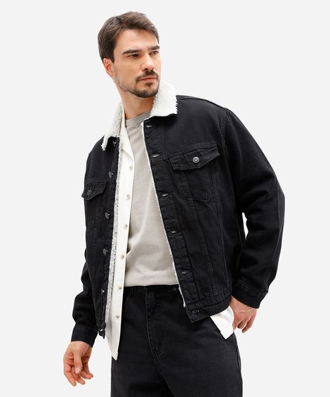 jaqueta masculina jeans gola de sherpa preta