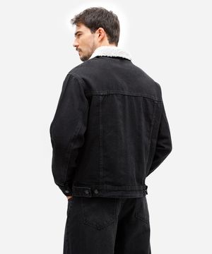 jaqueta masculina jeans gola de sherpa preta