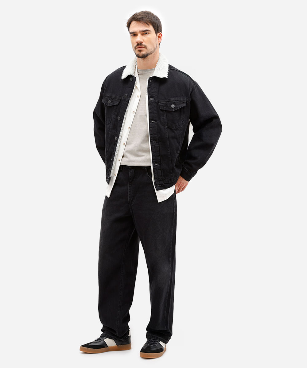 jaqueta masculina jeans gola de sherpa preta