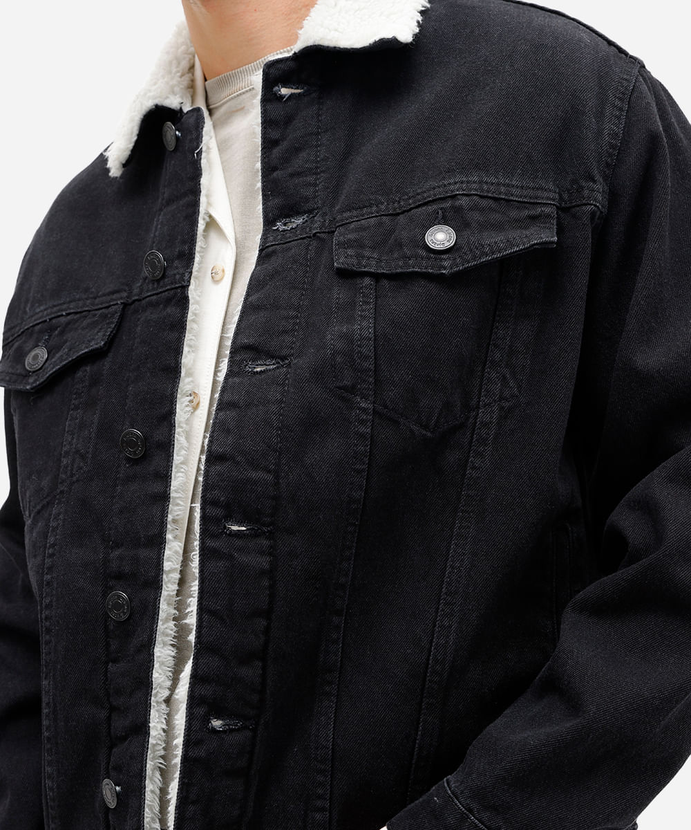 jaqueta masculina jeans gola de sherpa preta