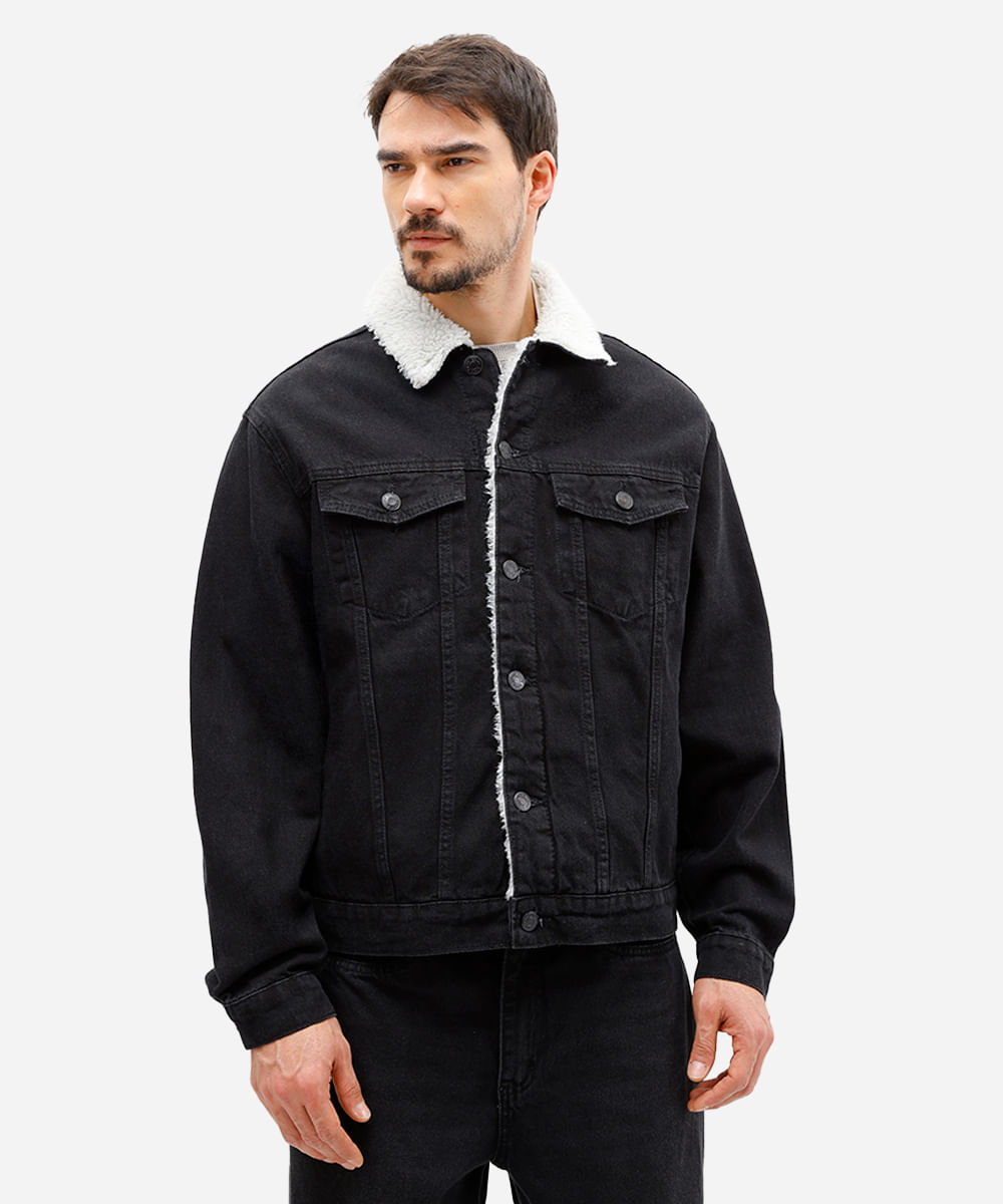 jaqueta masculina jeans gola de sherpa preta